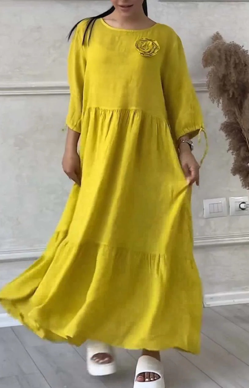 Women's Round Neck Pleated Long Sleeve Casual Dress