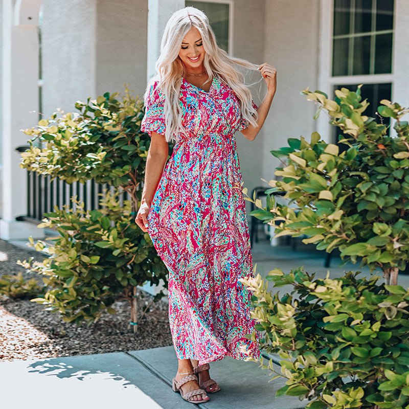 Summer New Short Sleeve V-neck Pullover Floral Skirt Women