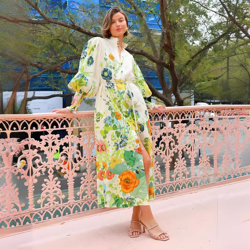 Single-breasted Long Lantern Sleeve Graffiti Printing Lace-up Waist Dress