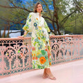Single-breasted Long Lantern Sleeve Graffiti Printing Lace-up Waist Dress