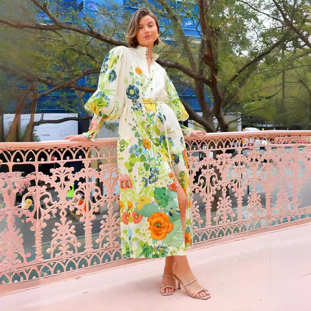 Single-breasted Long Lantern Sleeve Graffiti Printing Lace-up Waist Dress