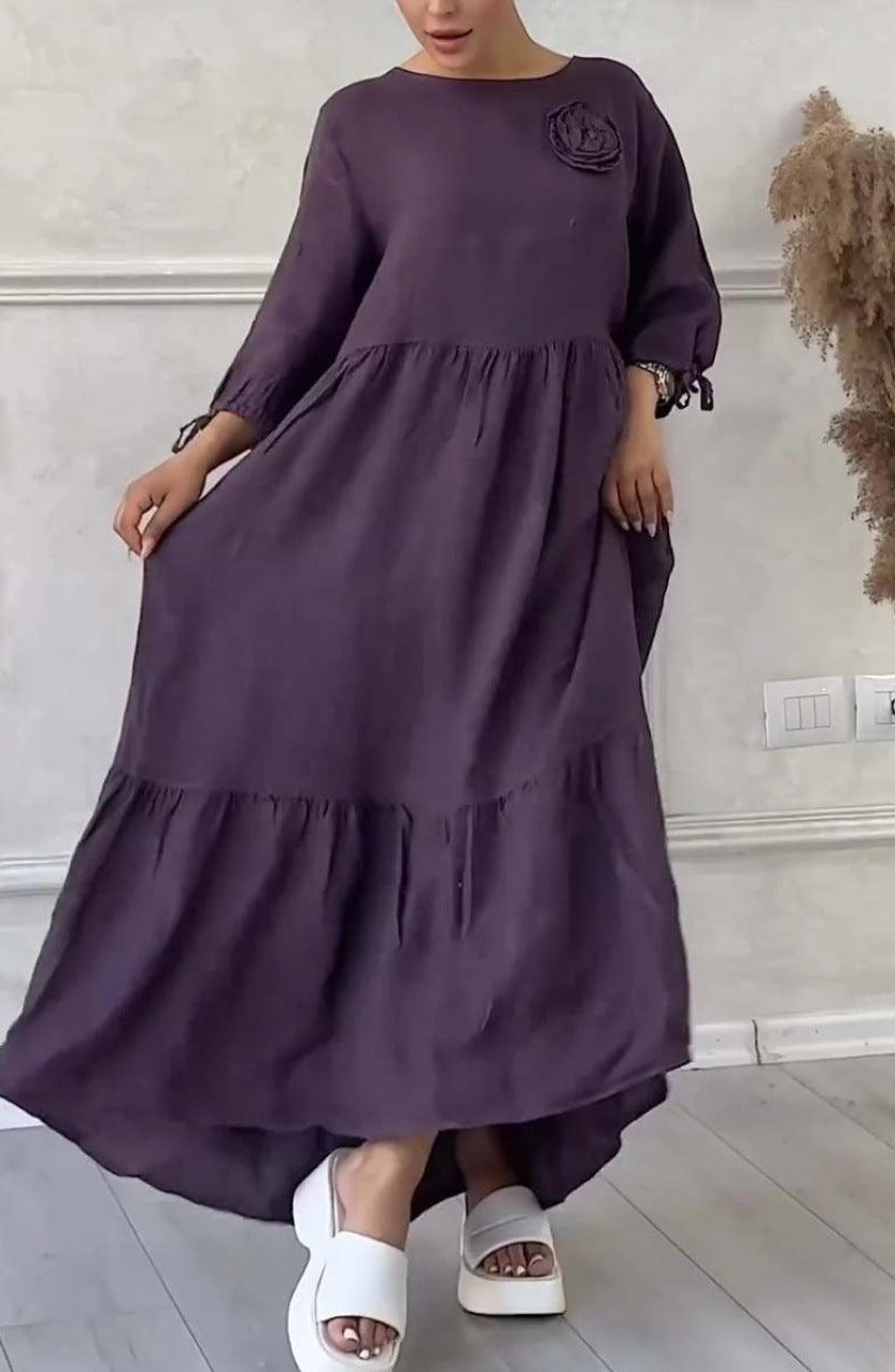 Women's Round Neck Pleated Long Sleeve Casual Dress