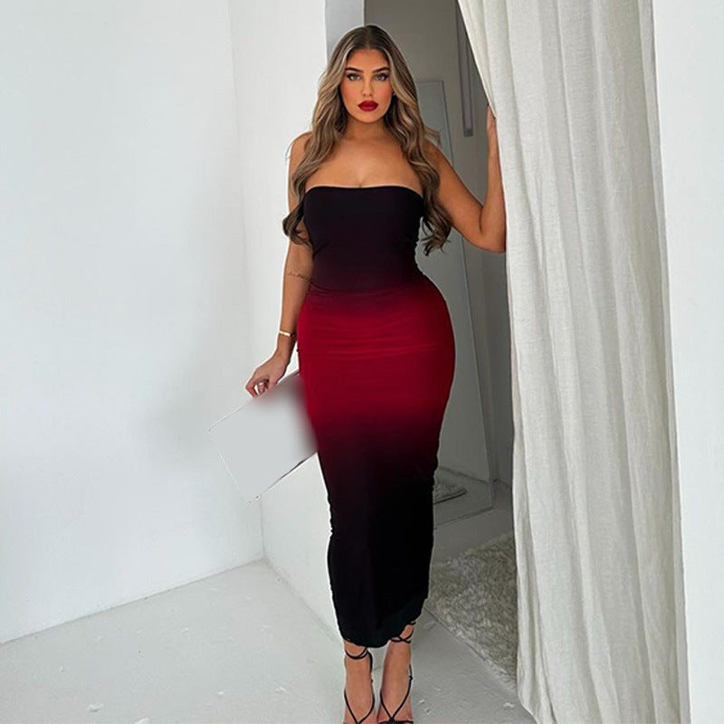 Off-shoulder Color Matching Skinny Sheath Tube Top Dress