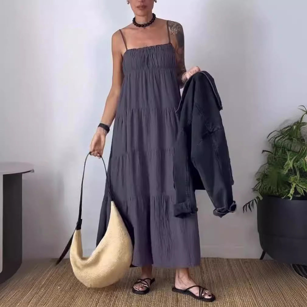 Women's Solid Color Casual Chest Wrap Pleated Suspender Dress
