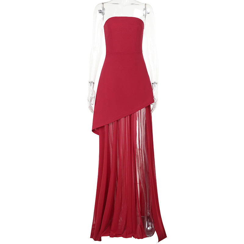Split Socialite Style Elegant Slim Tube Top Mesh Stitching Hem Dress
