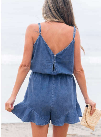 Ashleigh Blue Spaghetti Straps V Neck Belted Ruffled Leg Chambray Romper