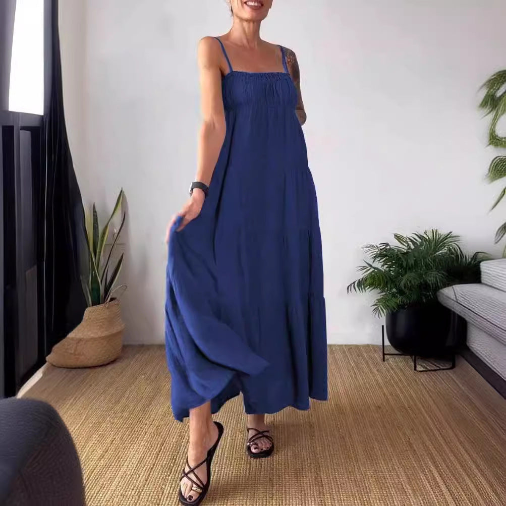 Women's Solid Color Casual Chest Wrap Pleated Suspender Dress