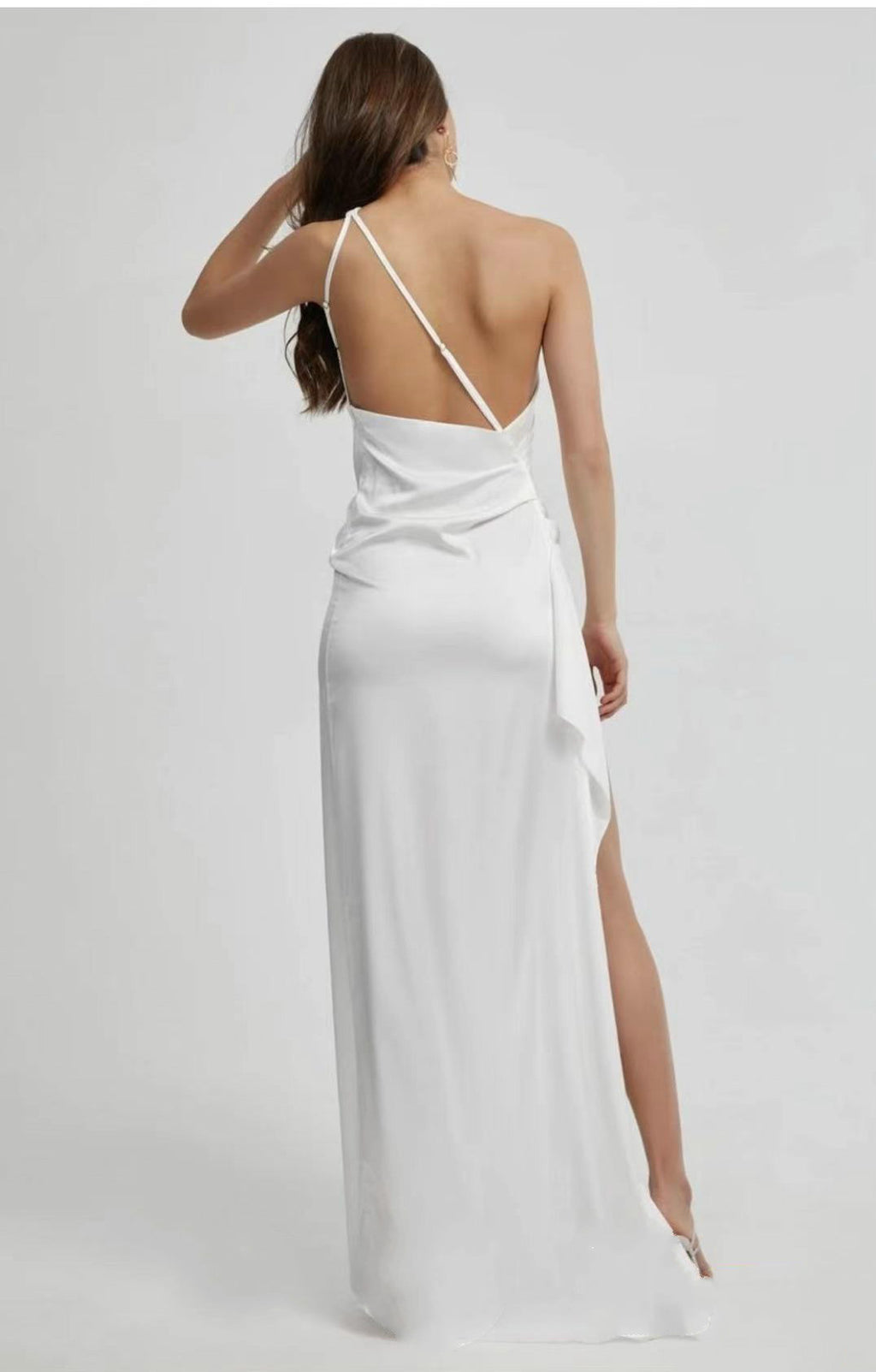 European And American Satin Slant Shoulder Slit Irregular Sexy Dress