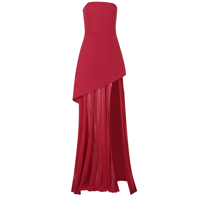 Split Socialite Style Elegant Slim Tube Top Mesh Stitching Hem Dress