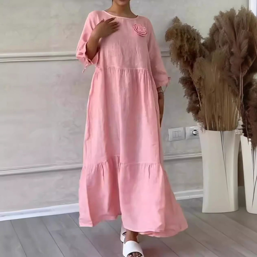 Women's Round Neck Pleated Long Sleeve Casual Dress