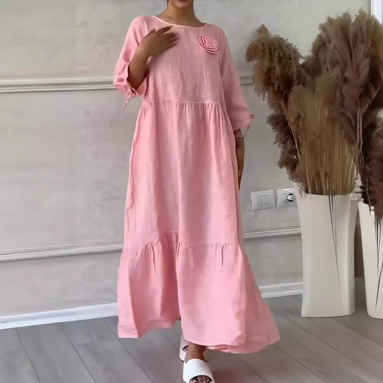 Women's Round Neck Pleated Long Sleeve Casual Dress
