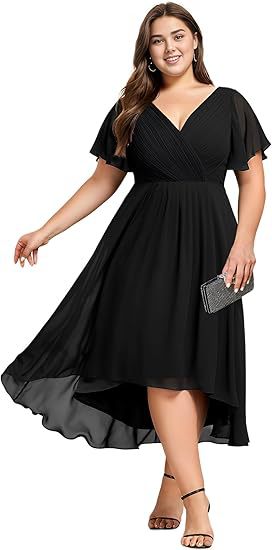 Banquet Evening Dress A- Line V-neck Chiffon Short Sleeve Knee-length Plus Size