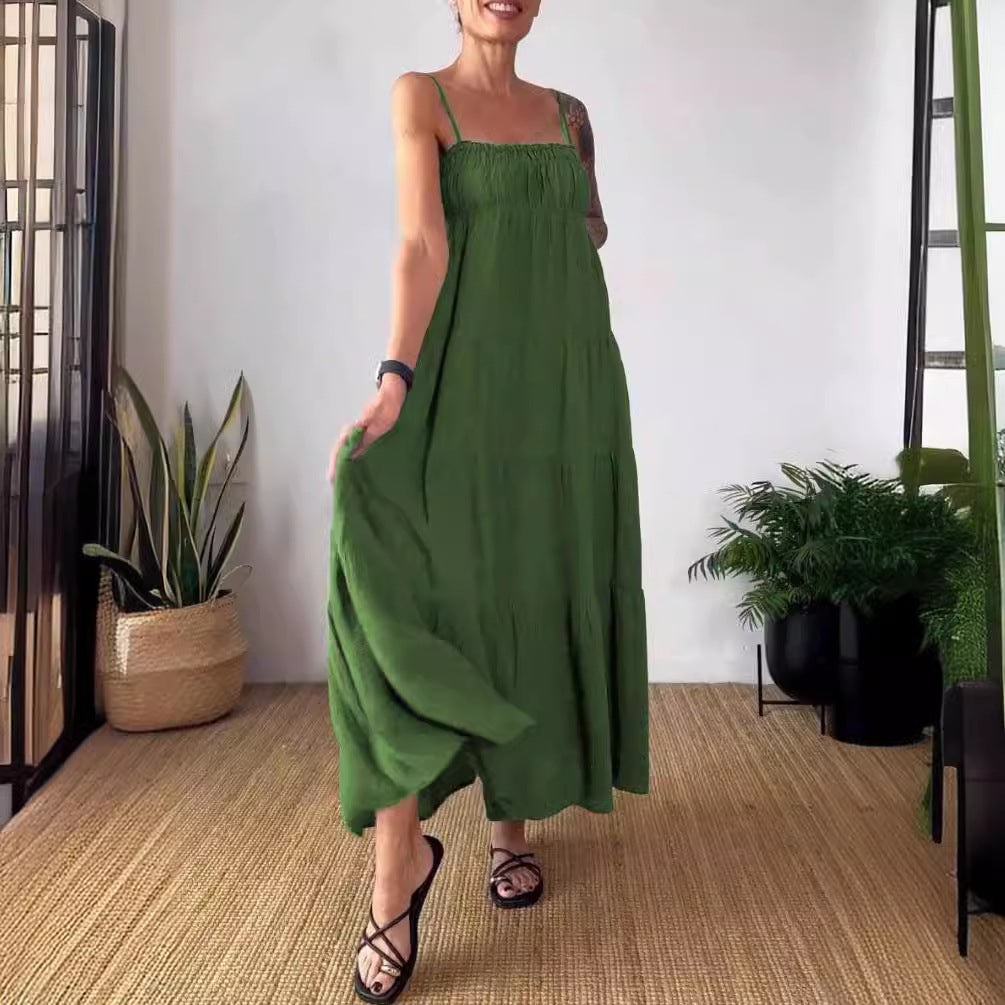 Women's Solid Color Casual Chest Wrap Pleated Suspender Dress