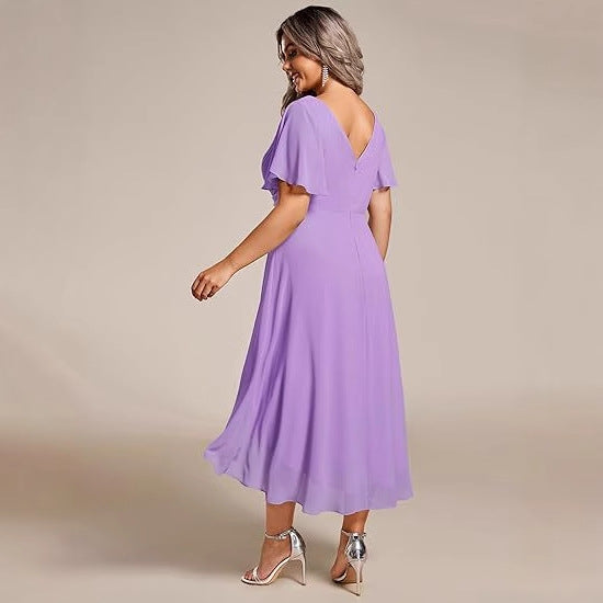 Banquet Evening Dress A- Line V-neck Chiffon Short Sleeve Knee-length Plus Size