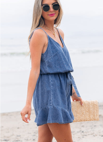 Ashleigh Blue Spaghetti Straps V Neck Belted Ruffled Leg Chambray Romper