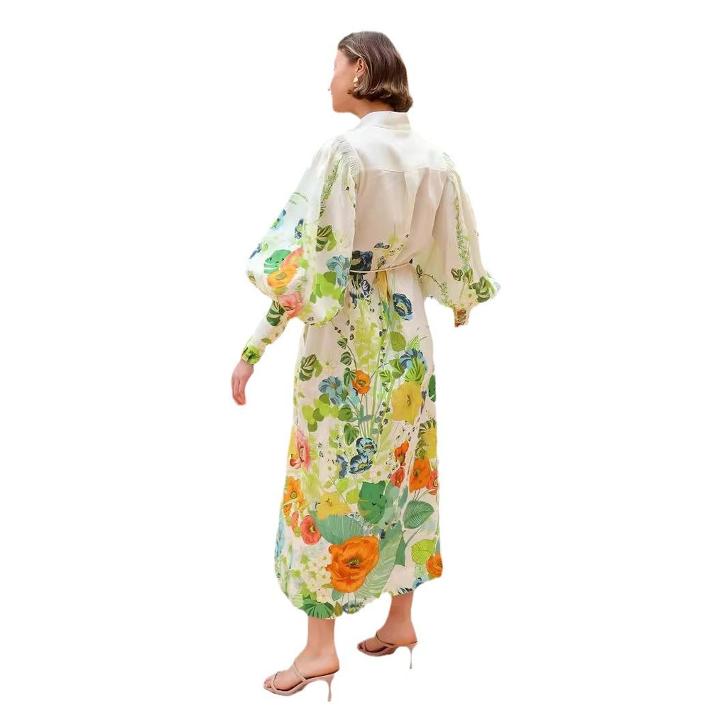 Single-breasted Long Lantern Sleeve Graffiti Printing Lace-up Waist Dress