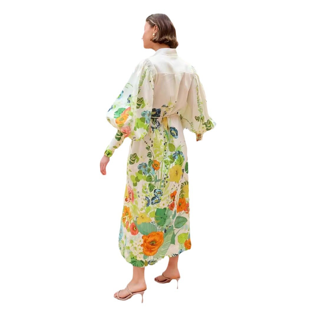 Single-breasted Long Lantern Sleeve Graffiti Printing Lace-up Waist Dress