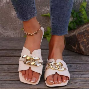 Women's Flat Slippers Lightweight Fashion Chain Square Toe Casual
