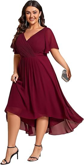 Banquet Evening Dress A- Line V-neck Chiffon Short Sleeve Knee-length Plus Size