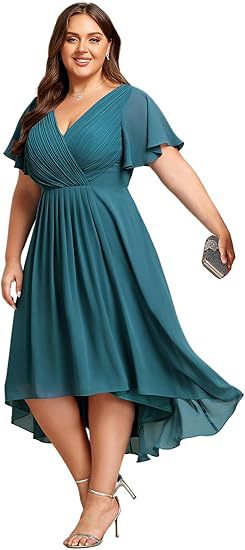 Banquet Evening Dress A- Line V-neck Chiffon Short Sleeve Knee-length Plus Size