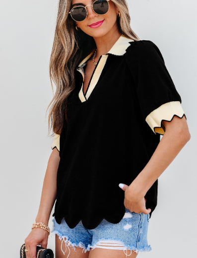 Black Color Contrast Collared V Neck Puff Sleeve Blouse