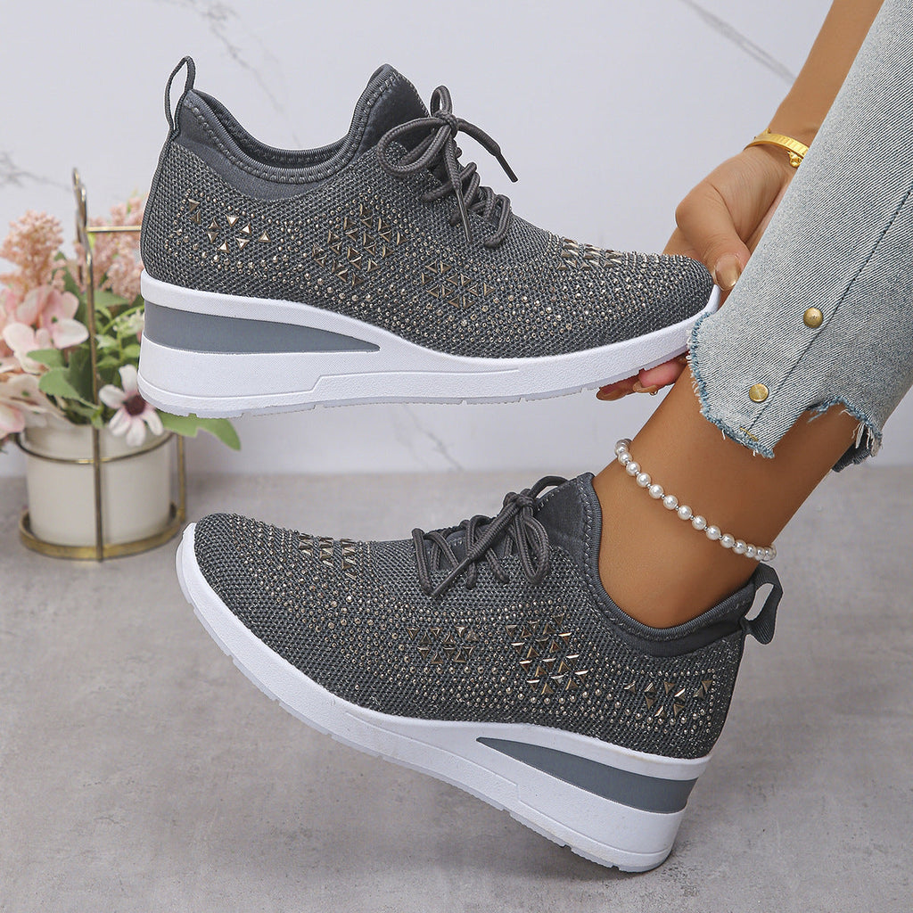 Ins Rhinestone Sneakers Fashion Lace Up Wedges Casual Shoes Women's Daily Commuting Sports Shoes See size chart under “more details”