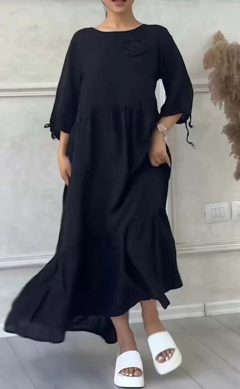 Women's Round Neck Pleated Long Sleeve Casual Dress