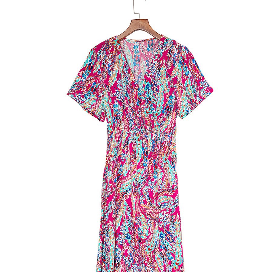 Summer New Short Sleeve V-neck Pullover Floral Skirt Women
