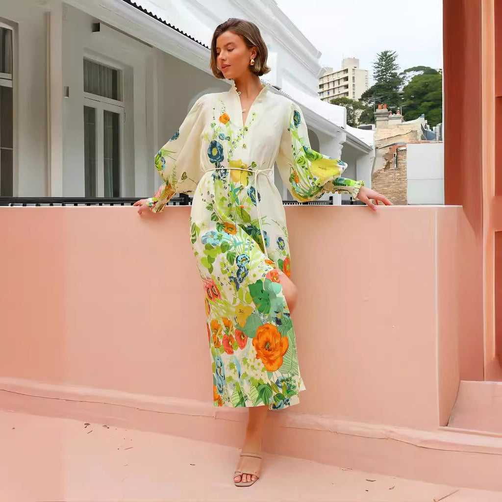 Single-breasted Long Lantern Sleeve Graffiti Printing Lace-up Waist Dress