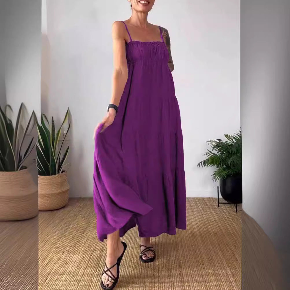 Women's Solid Color Casual Chest Wrap Pleated Suspender Dress