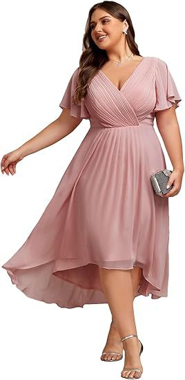 Banquet Evening Dress A- Line V-neck Chiffon Short Sleeve Knee-length Plus Size