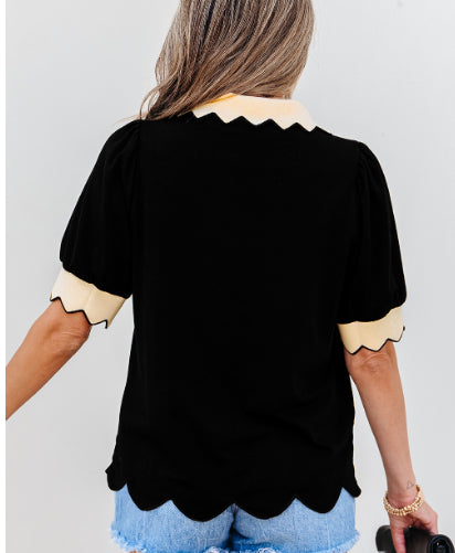 Black Color Contrast Collared V Neck Puff Sleeve Blouse