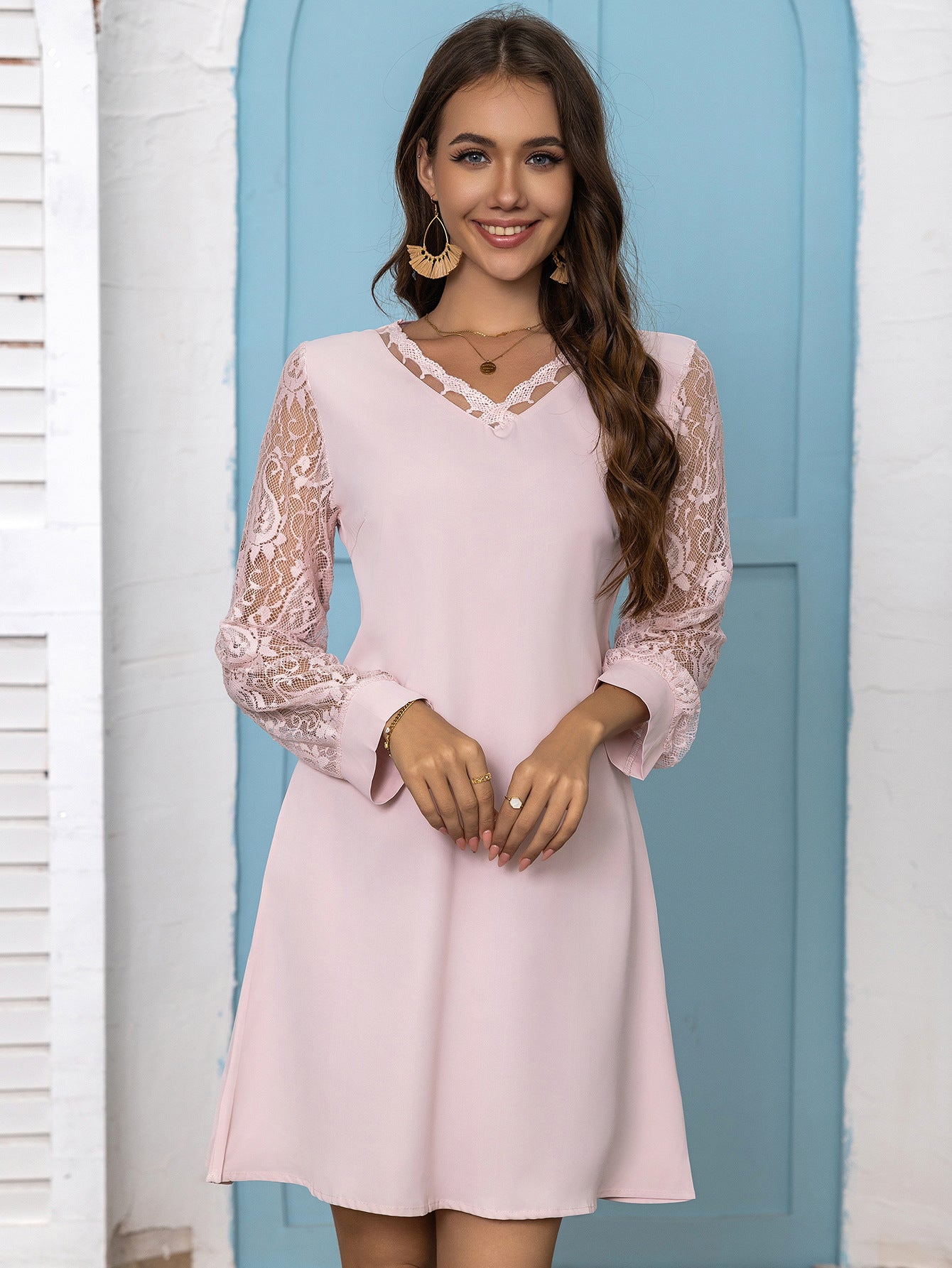 V-neck Lace Stitching Long Sleeve Dress