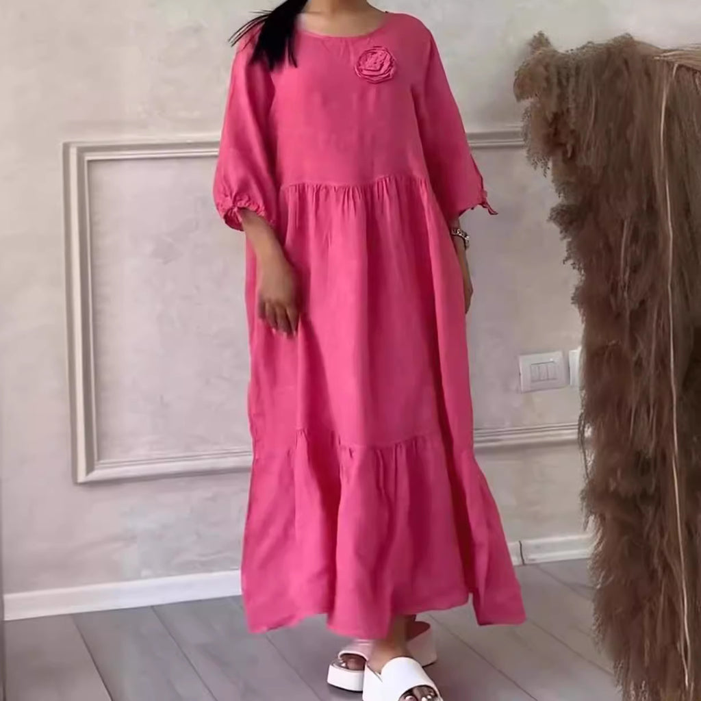 Women's Round Neck Pleated Long Sleeve Casual Dress