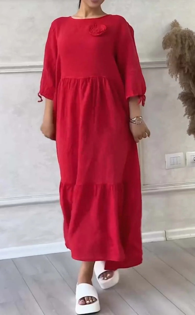 Women's Round Neck Pleated Long Sleeve Casual Dress