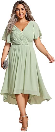 Banquet Evening Dress A- Line V-neck Chiffon Short Sleeve Knee-length Plus Size