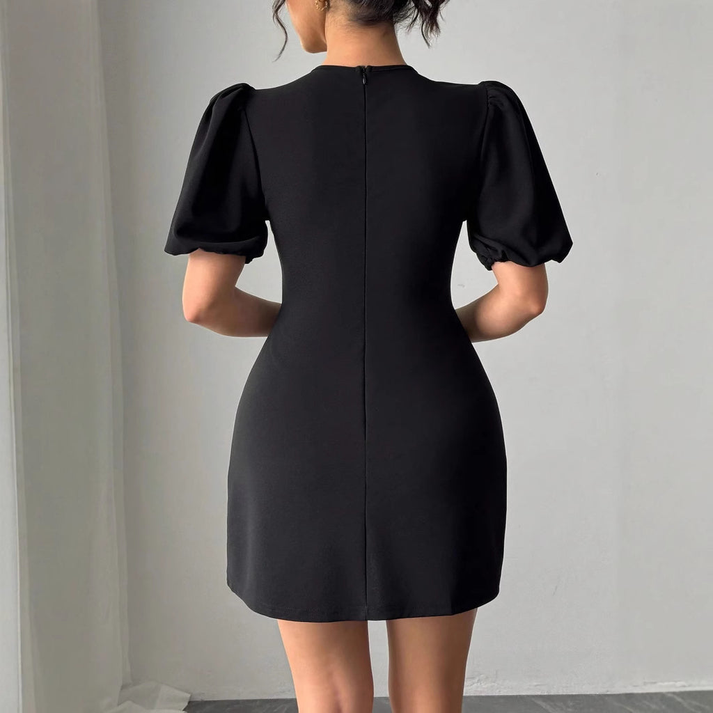 European And American Ladies Round Neck Hollow Crystal Puff Sleeve Waist-tight Dress Women