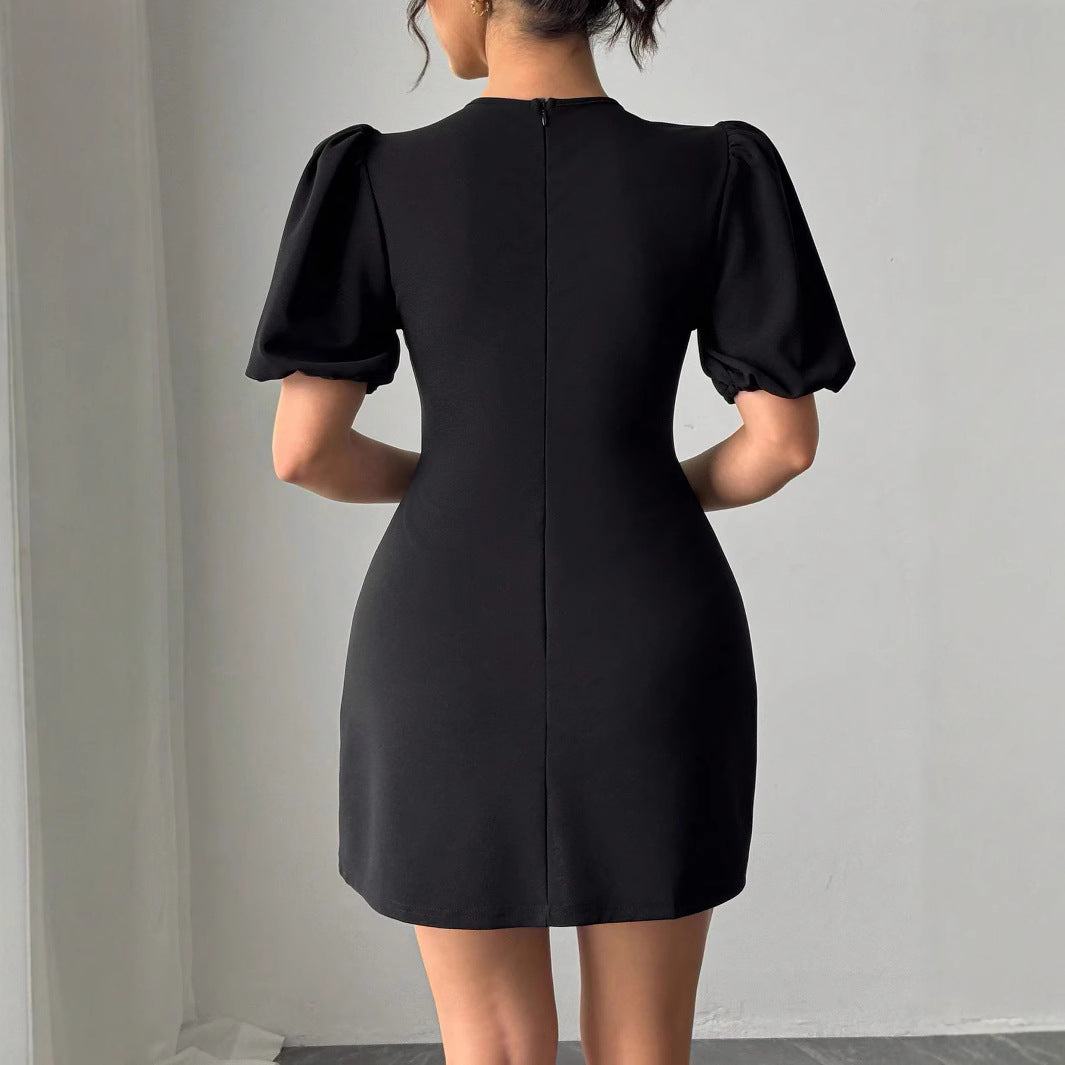 European And American Ladies Round Neck Hollow Crystal Puff Sleeve Waist-tight Dress Women