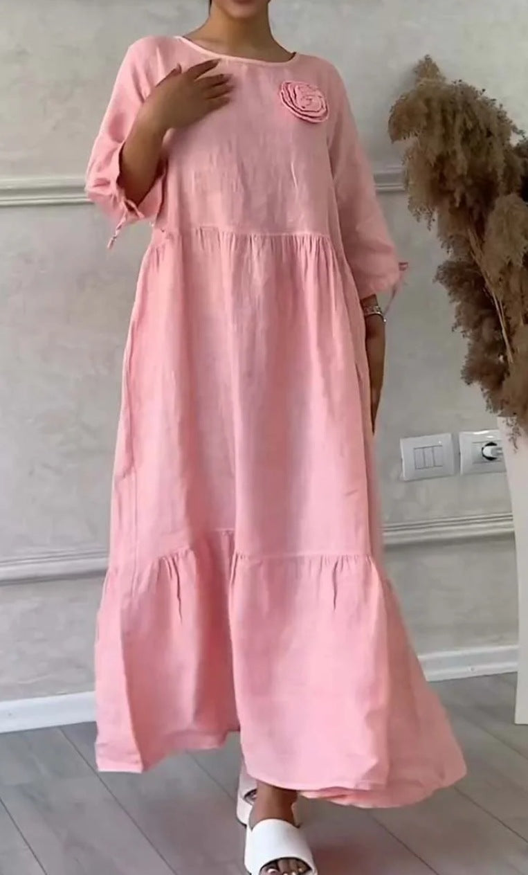 Women's Round Neck Pleated Long Sleeve Casual Dress