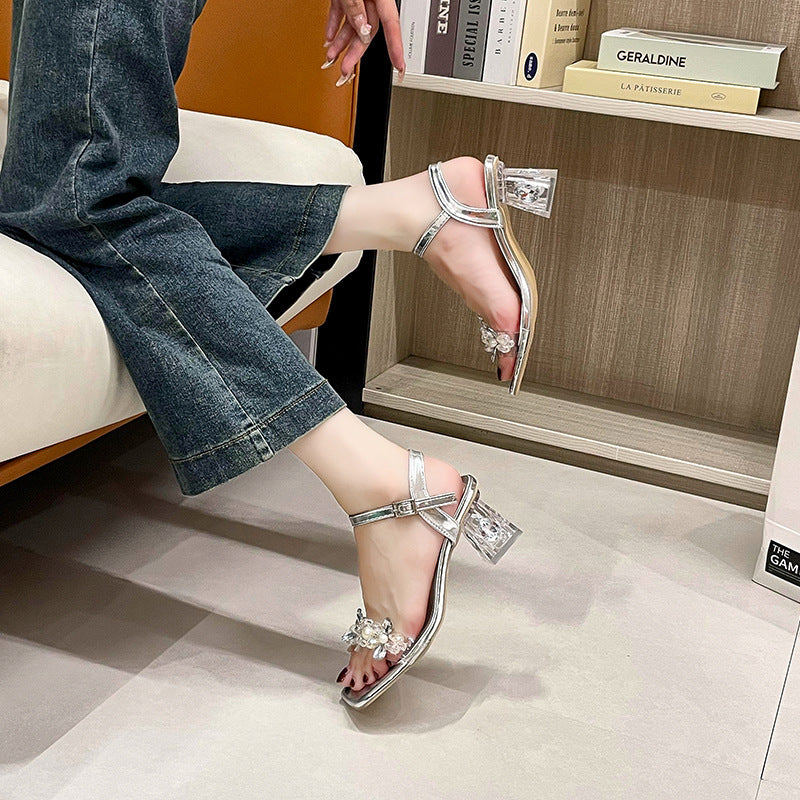 Chunky Heel Rhinestone One-strap Outdoor High Heels