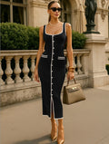 Vest-style Dress Contrast Color Single Row Multi-buckle Slit Long Knitted Dress