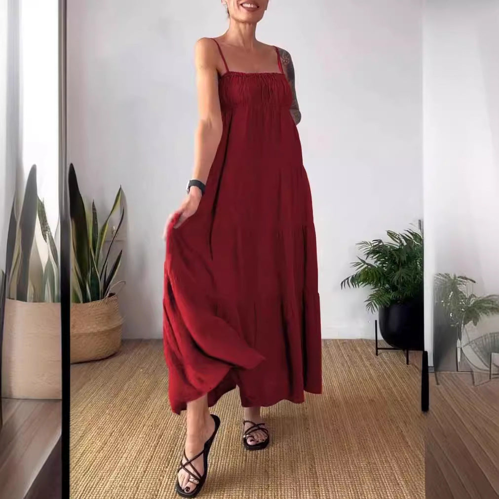 Women's Solid Color Casual Chest Wrap Pleated Suspender Dress