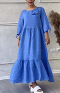Women's Round Neck Pleated Long Sleeve Casual Dress