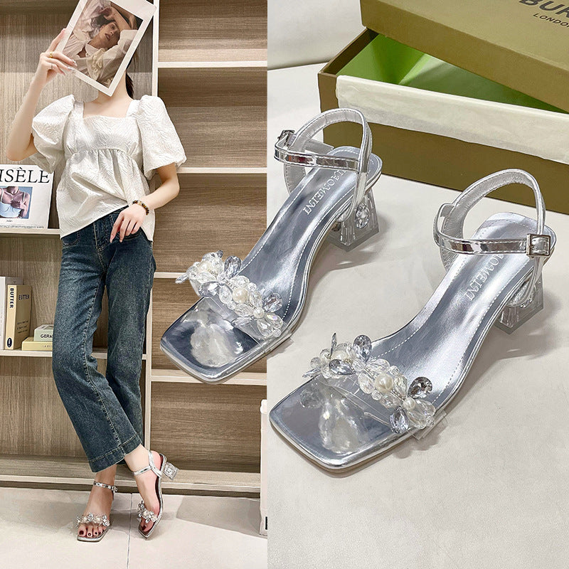 Chunky Heel Rhinestone One-strap Outdoor High Heels